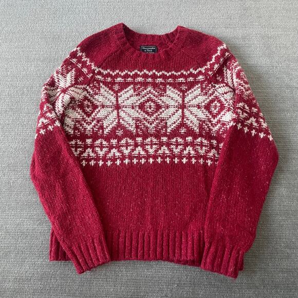 Abercrombie & Fitch Sweater Women XS Red Fair Isle Apres Ski Crew Knit Cabincore - Picture 1 of 7